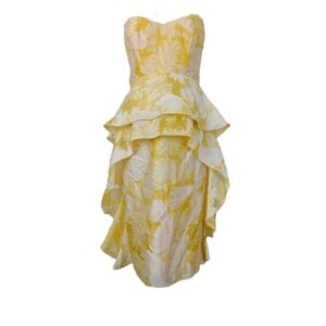 Badgley Mischa Yellow white ruffled Paisley floral print midi Strapless Dress